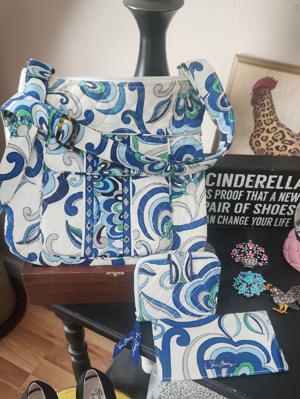 Vera Bradley Hipster Mediterranean  Blue, White Tote Set